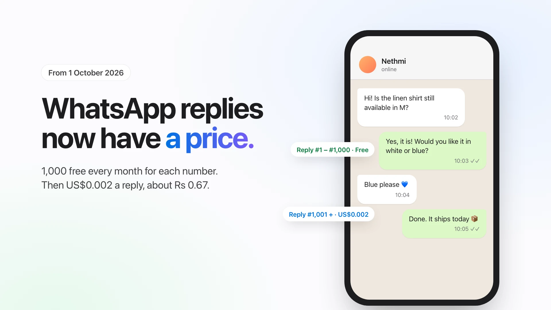 A WhatsApp chat on a phone: the first 1,000 replies a month are free, then US$0.002 a reply in Sri Lanka.