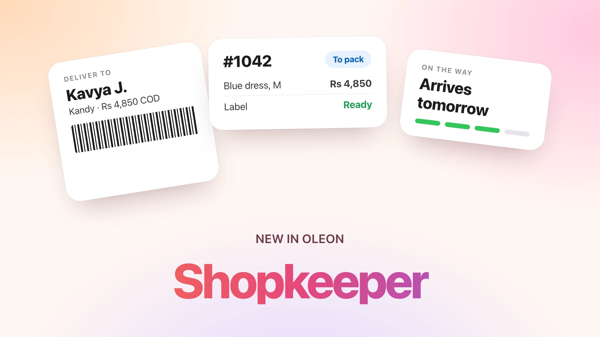 A shipping label, an order card marked To pack and a tracking card saying Arrives tomorrow, above the word Shopkeeper.