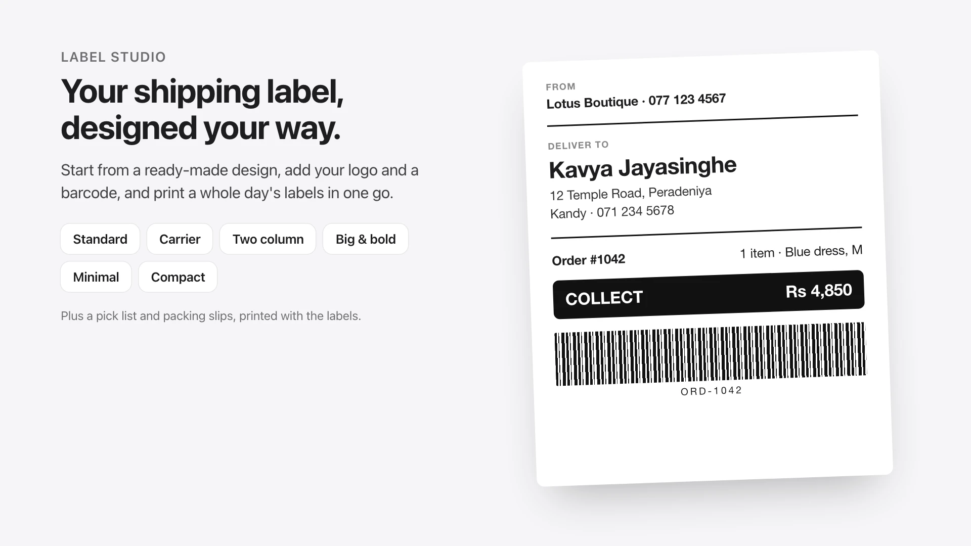 A shipping label with the shop's details, the customer's name and address, the order number, the cash to collect and a barcode, next to six template names.