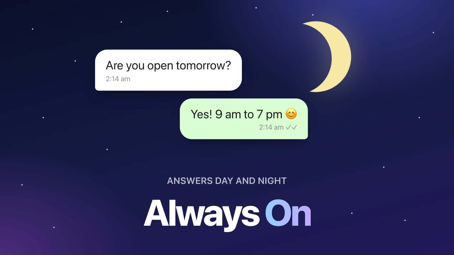 A night sky with a moon and a WhatsApp chat at 2:14 am: 'Are you open tomorrow?' answered 'Yes! 9 am to 7 pm', above the words Always On.