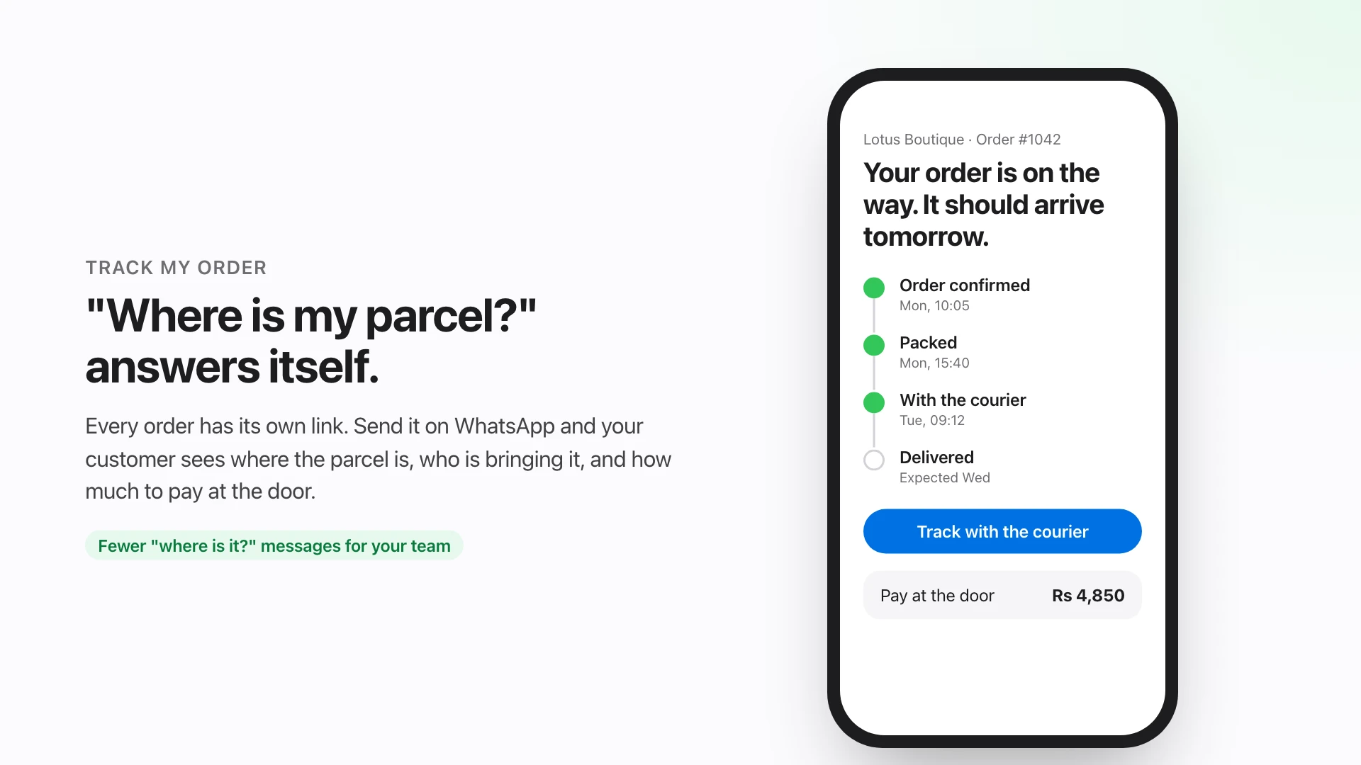 A phone showing an order page: on the way, with confirmed, packed and with the courier ticked, a button to track with the courier and the amount to pay at the door.