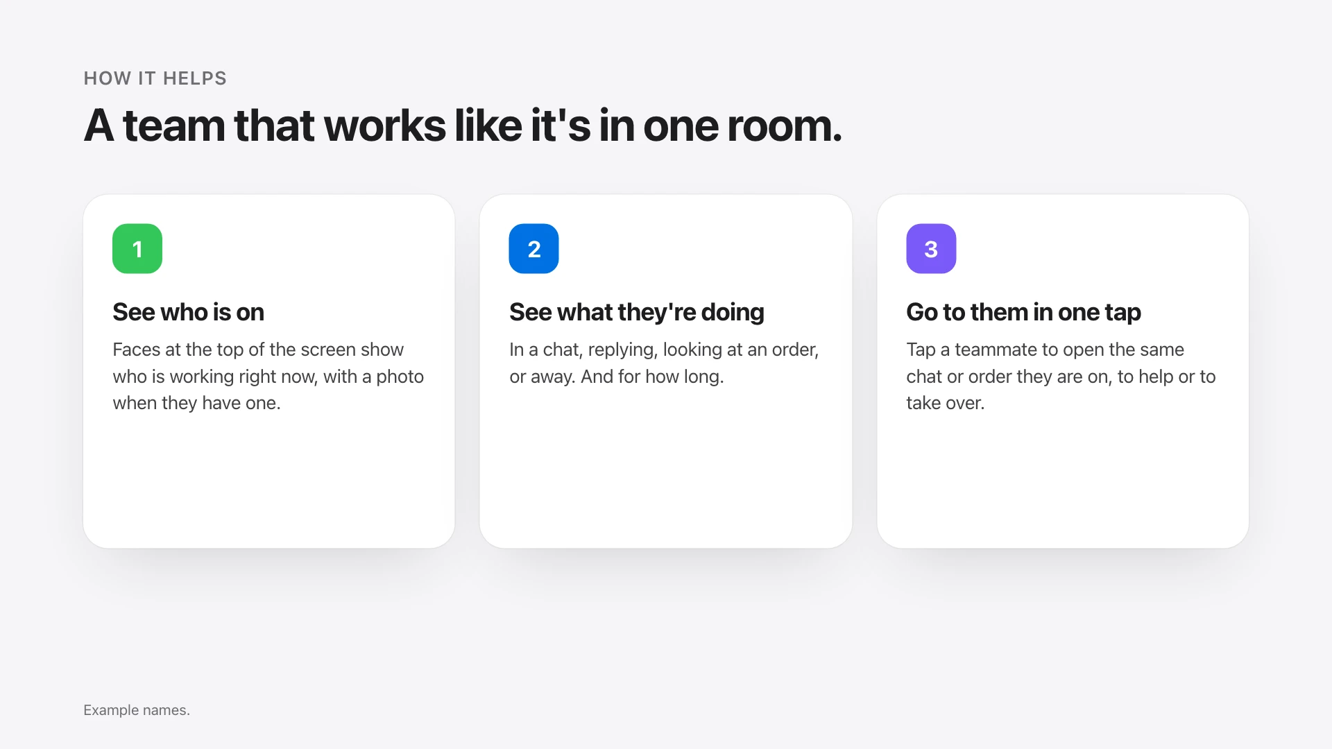 Three steps: see who is on, see what they are doing, go to them in one tap.